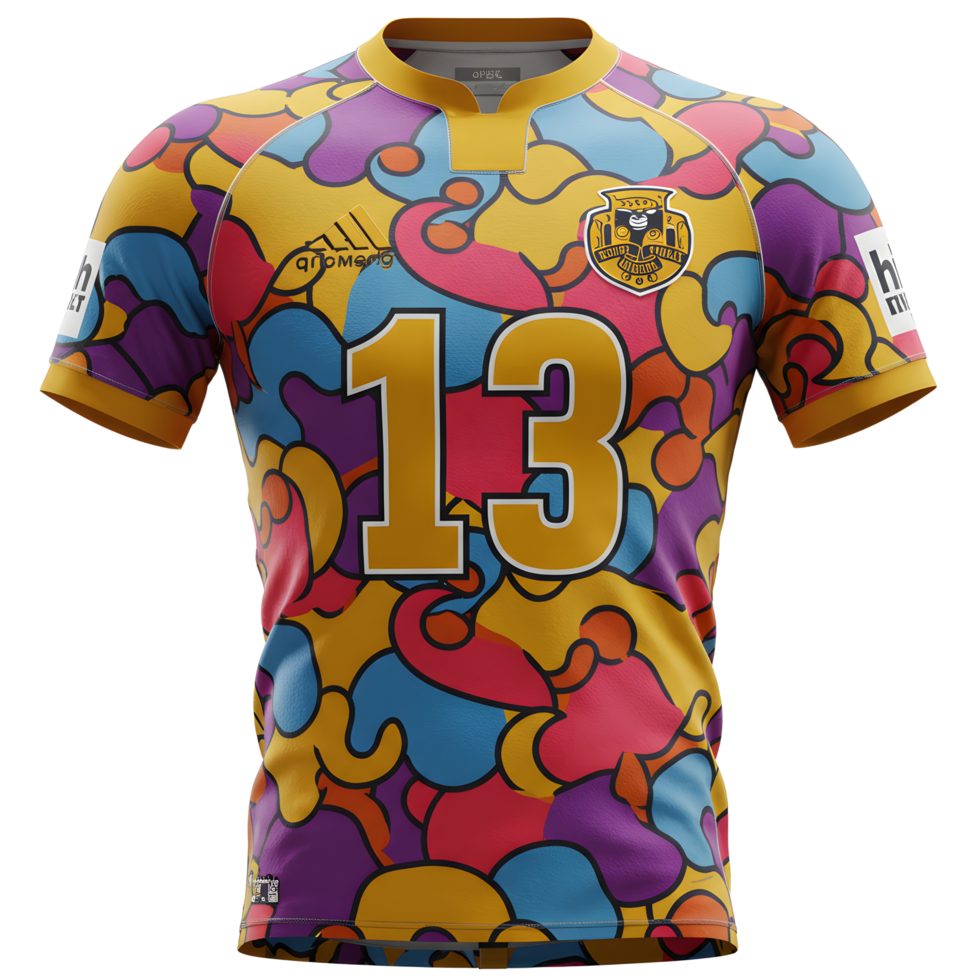 A dazzling rugby jersey showcases a vibrant psychedelic abstract print in bold, swirling colors. Number 13 stands out against the lively backdrop. png