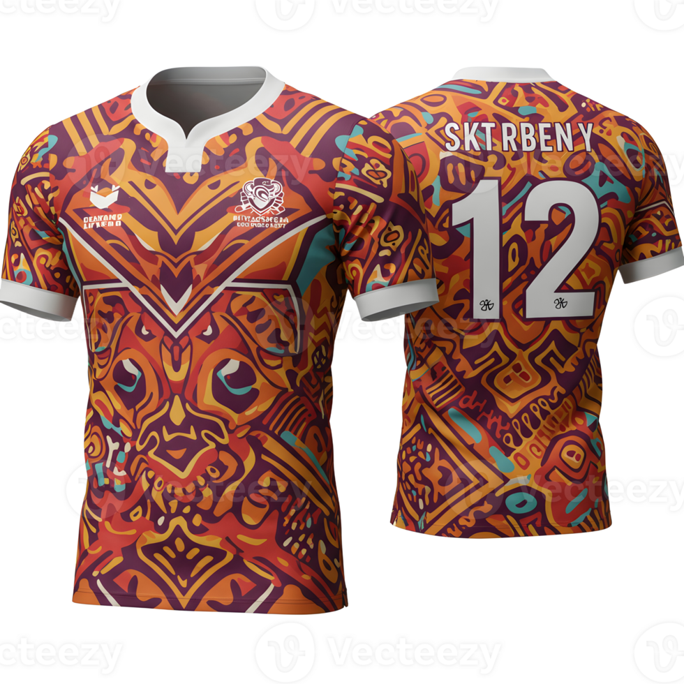 Eye-catching jersey boasts a dynamic tribal pattern in warm oranges and deep reds. Number 12 is prominently displayed. The mood is energetic and bold. png