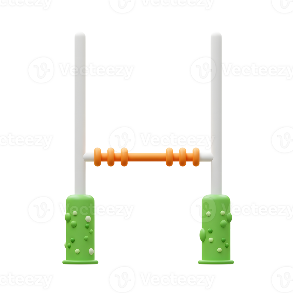 Whimsical 3D render of rugby goalposts. Bright orange crossbar, green textured bases, and white uprights create a fun, playful mood. png