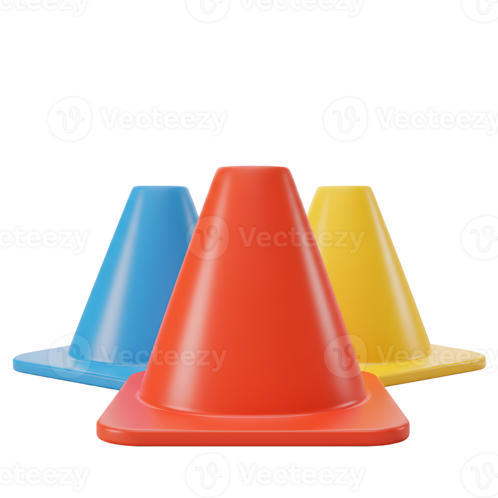 Three vibrant cones red, blue, and yellow stand proudly, their smooth surfaces gleaming. A simple yet cheerful scene, perfect for playful projects. png