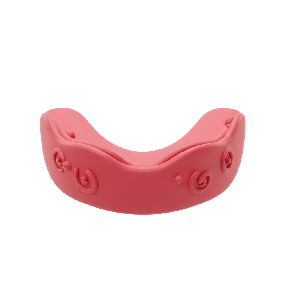 A charming pink mouthguard, subtly adorned with playful swirls, presents a smooth, comfortable design. Its gentle curves and soft color create a friendly, approachable aesthetic. png