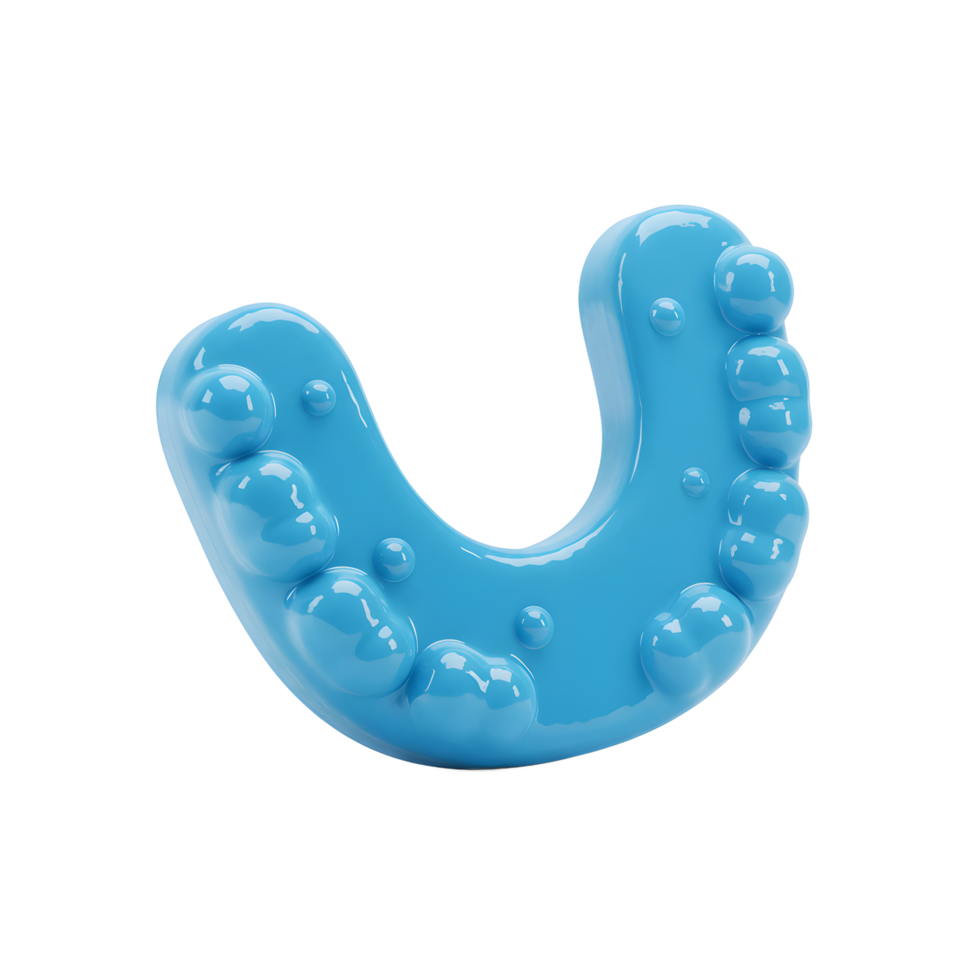 A vibrant blue mouthguard, glossy and smooth, sits against a stark white backdrop. Its U-shape and bubble-like texture create a playful yet protective vibe. png
