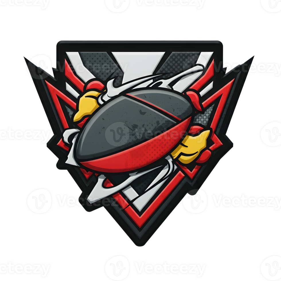 A powerful mascot fiercely clutches a rugby ball within a bold, geometric emblem. Red and black color scheme creates a dynamic, energetic feel. png