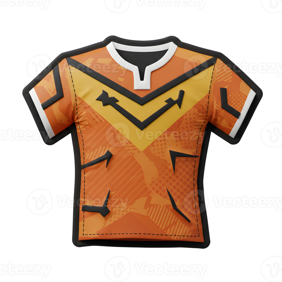 A vibrant orange rugby jersey features a striking yellow and black geometric pattern. The bold design is eye-catching, creating a dynamic and energetic feel. png