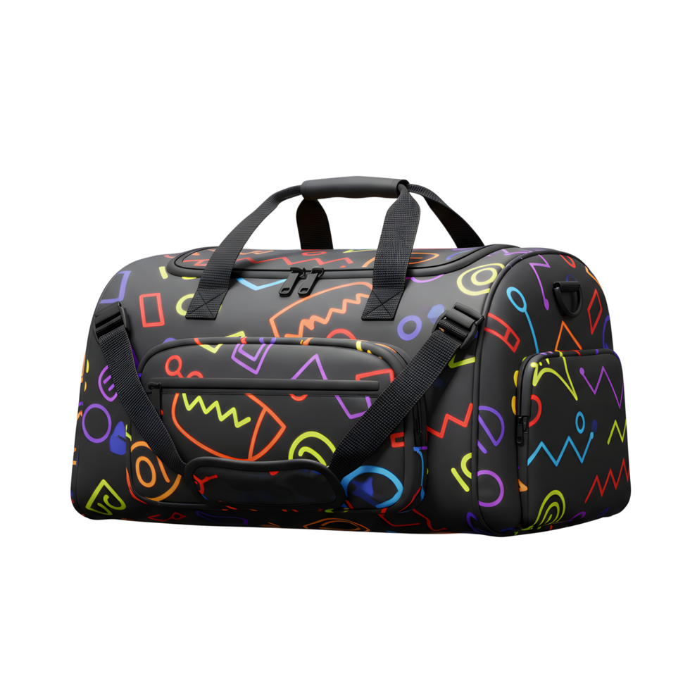 A trendy black duffel bag boasts a playful retro design. Colorful geometric shapes pop against the dark background, creating a fun and energetic vibe. Perfect for travel png
