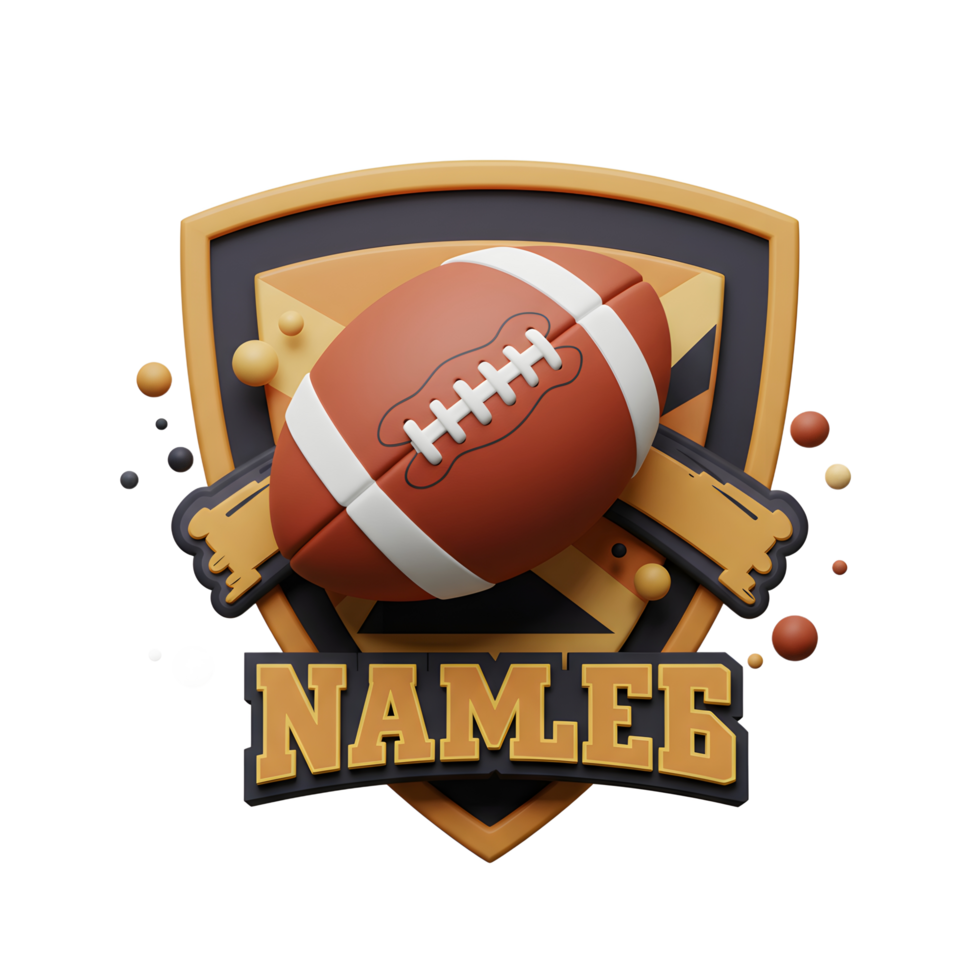 A vibrant 3D rendering showcases an American football nestled within a stylized shield emblem. The design is bold, playful, and features a team name, 'NAMLEE'. png