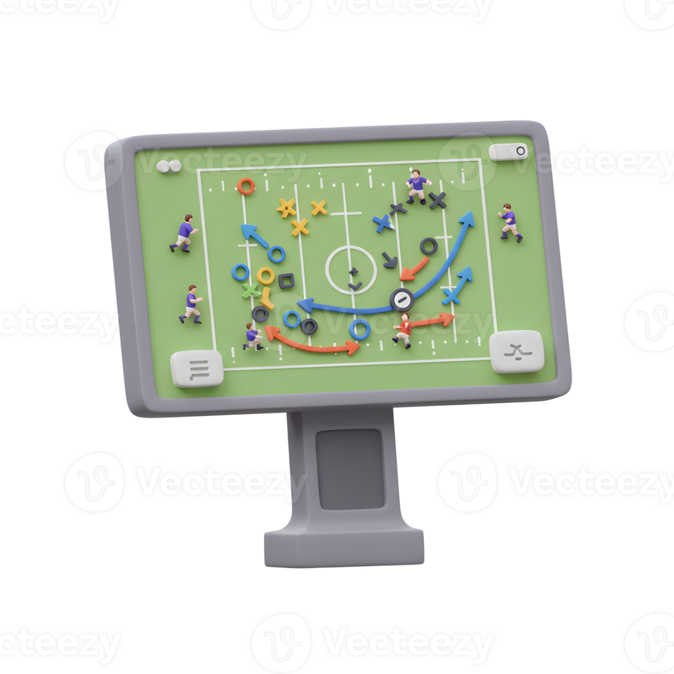 A vibrant 3D rendered image showcases a detailed football game plan on a digital display. Miniature players highlight strategic formations and plays, creating an engaging and dynamic visual. png