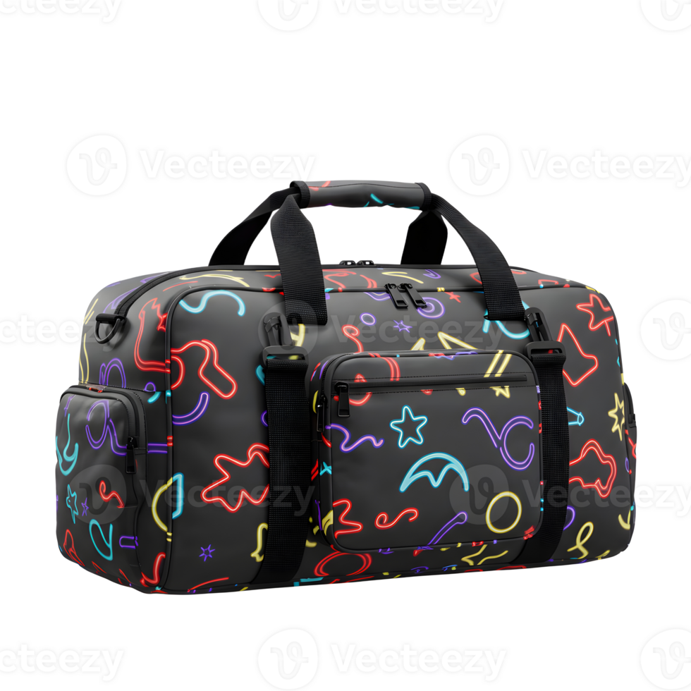 A vibrant weekender bag, adorned with a playful neon pattern on a sleek black base. Perfect for travel or gym use Fun, colorful, and practical. png
