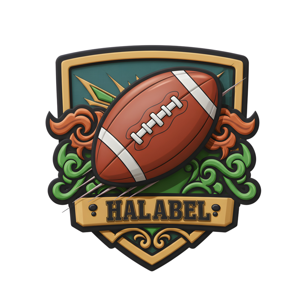 A dynamic American football takes center stage in this vintage-style emblem. Intricate swirling greens and fiery oranges surround the ball, creating a bold and energetic mood. png