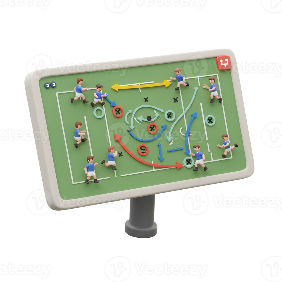 A playful 3D rendering shows a soccer playbook on a digital screen, miniature players strategically positioned, arrows indicating movement, setting a vibrant and engaging mood. png