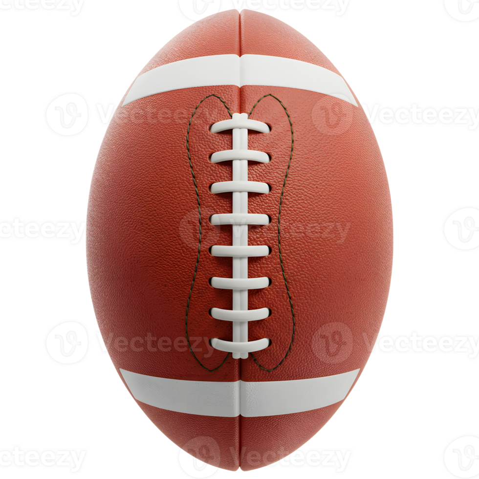A perfectly-stitched brown American football, its white stripes gleaming, sits center stage against a stark white backdrop. The texture is richly detailed, evoking the feel of a game day. png