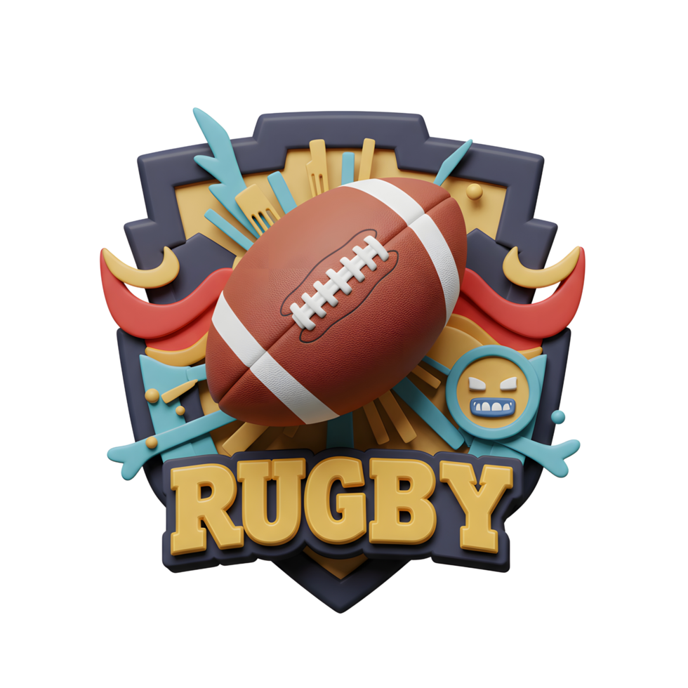 A vibrant rugby ball takes center stage in this fun, cartoonish emblem. Bold colors and playful elements create a dynamic and energetic mood. png