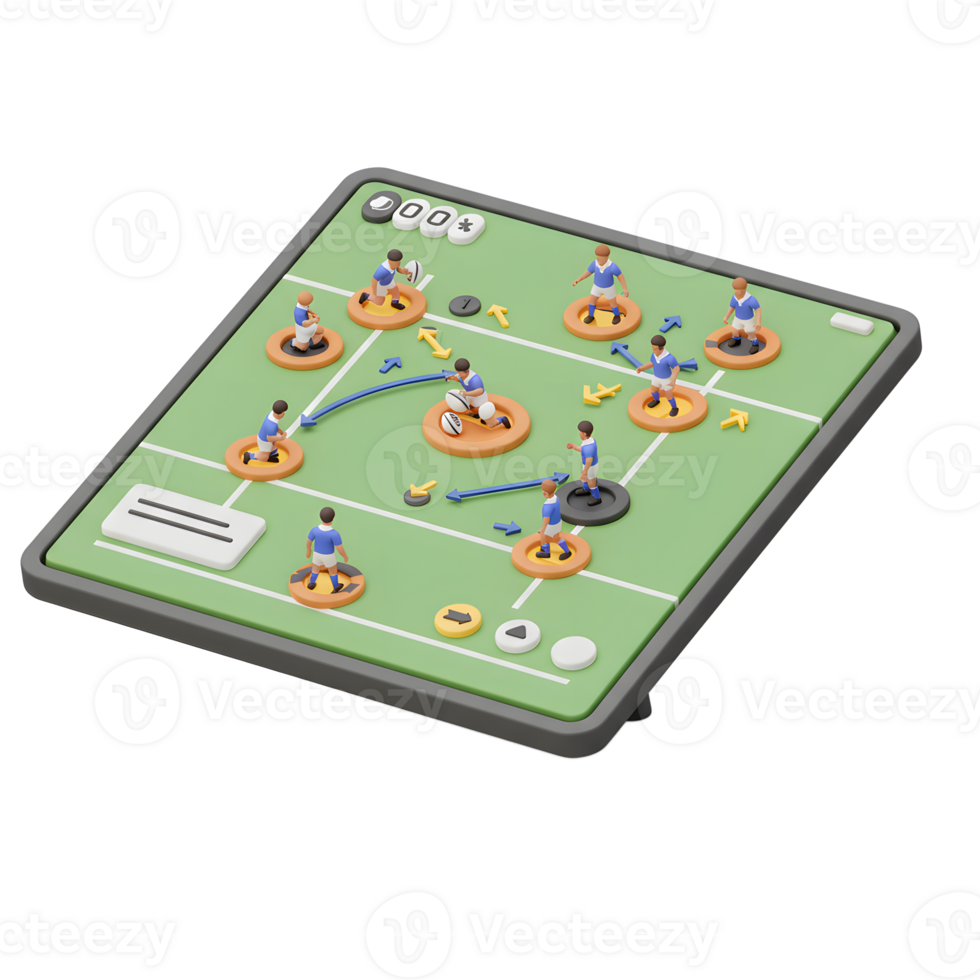 A dynamic rugby match unfolds on a digital game board. Miniature players execute a strategic play, arrows showing movement. Energetic and engaging png