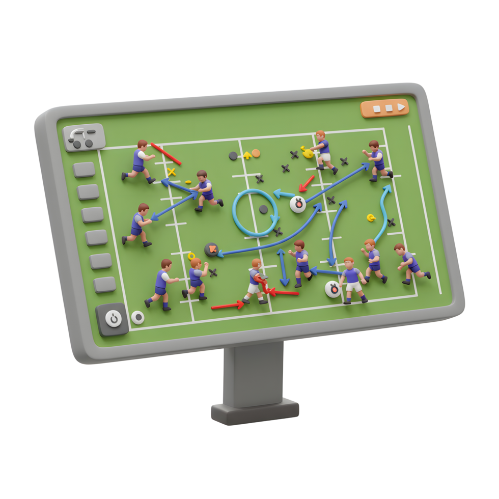 A vibrant digital playbook showcases a dynamic soccer strategy. Miniature players and arrows illustrate a lively game plan on a green field, creating a fun and engaging scene. png