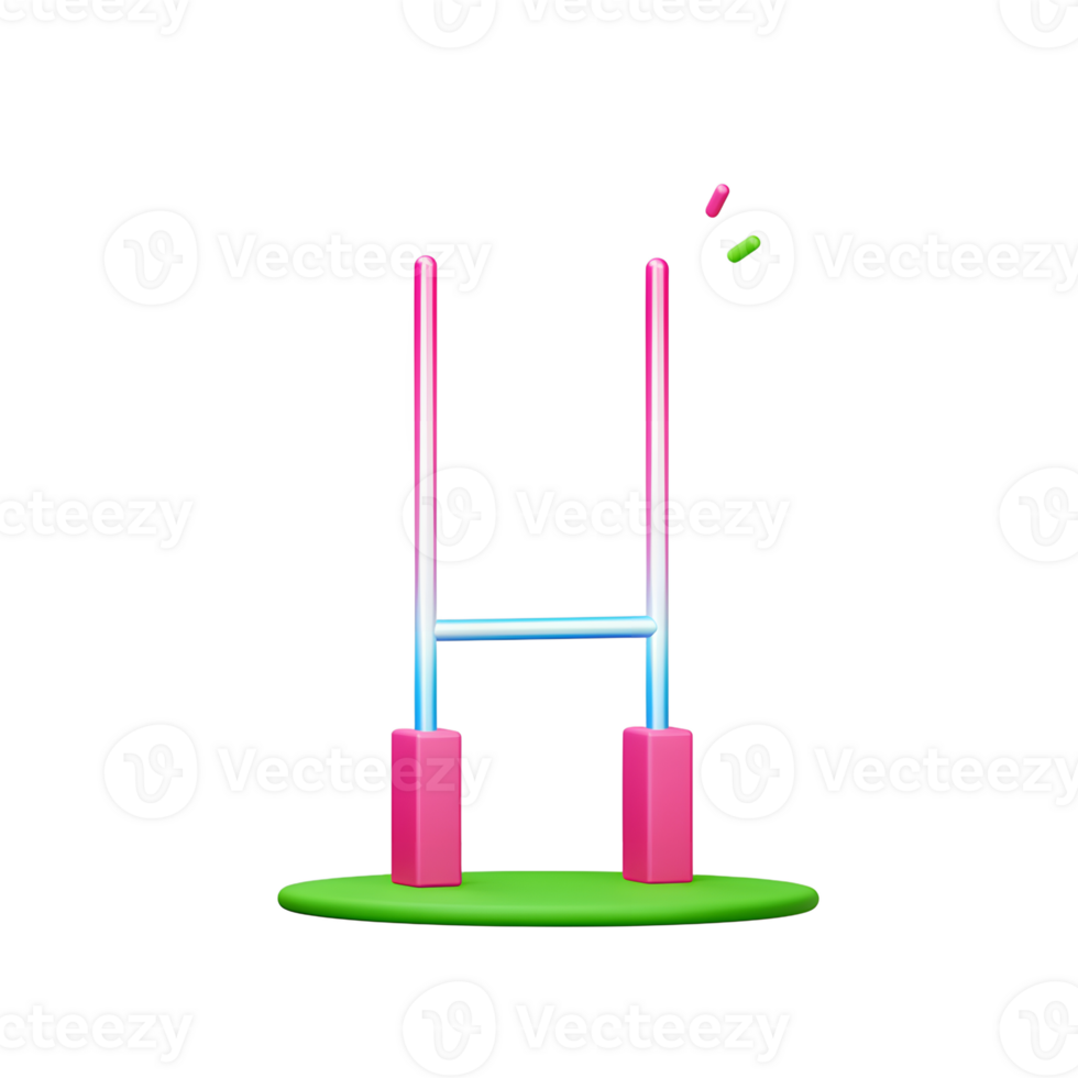 A vibrant, minimalist 3D rendering showcases pastel pink rugby goalposts on a green field, with tiny colorful shapes playfully floating nearby. Ethereal and fun png