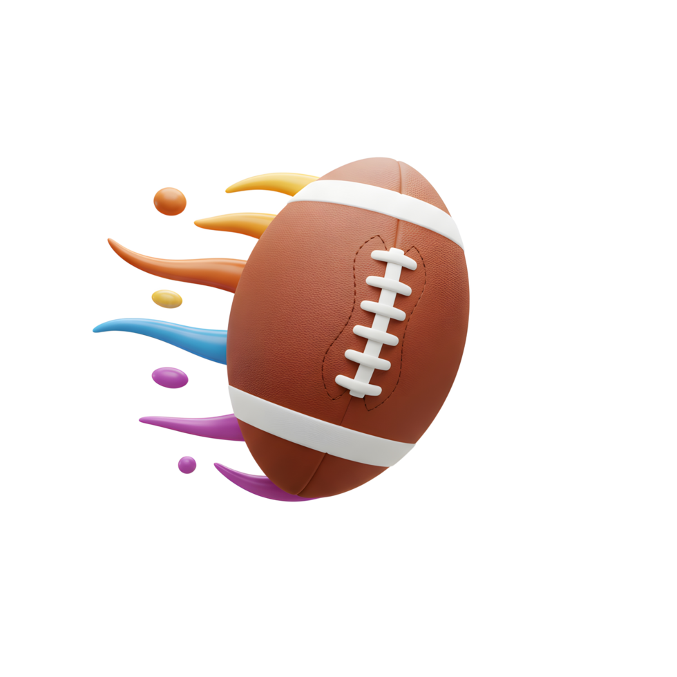 A dynamic image showcases a brown American football seemingly propelled by a colorful, paint-like streak. The vibrant hues and motion create an energetic and exciting mood. png