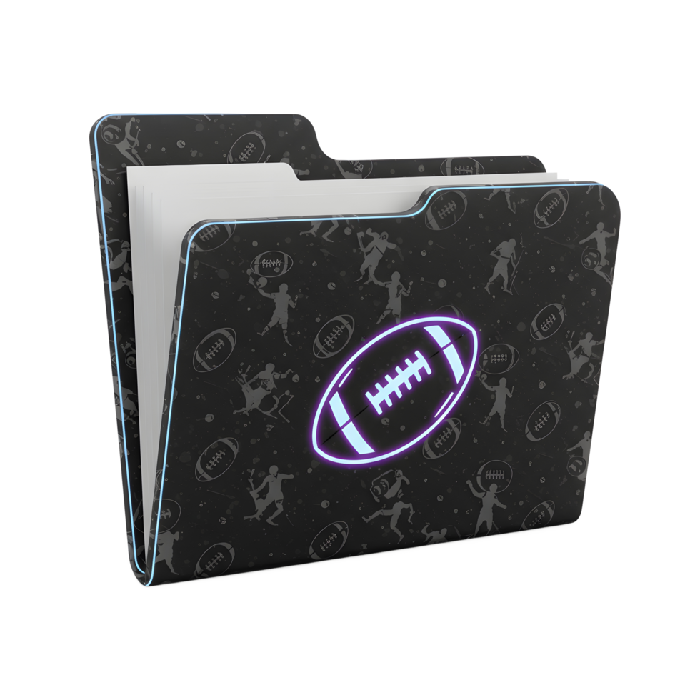 A sleek black folder features a neon-lit football graphic against a backdrop of stylized sports figures. Cool, modern, and perfect for sports enthusiasts png