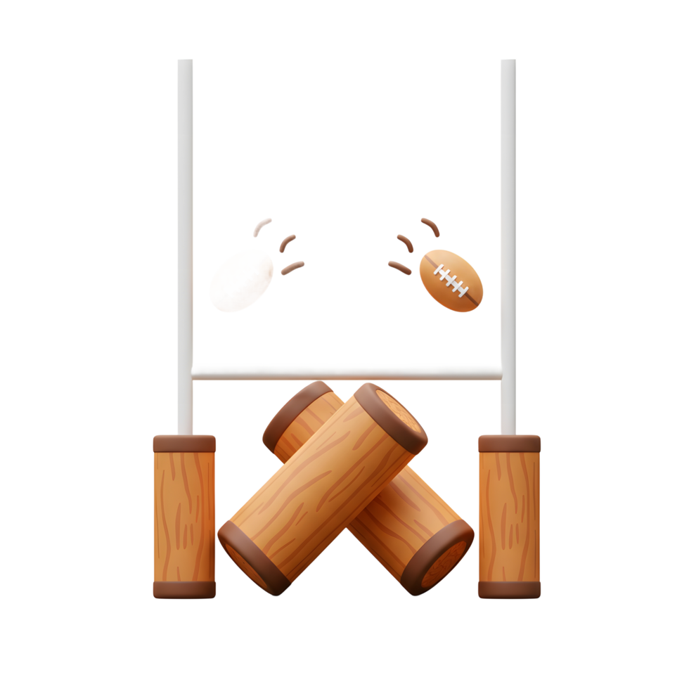 Two rugby balls soar towards the goalposts, set against a backdrop of charming wooden posts. A playful 3D rendering evokes a fun, sporty atmosphere. png