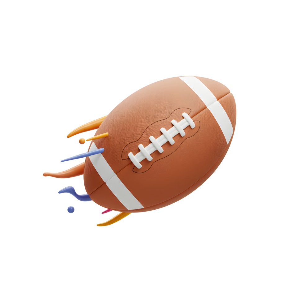 A dynamic 3D rendering of an American football, streaking across a white background with vibrant paint splashes, creating an energetic and playful scene. png
