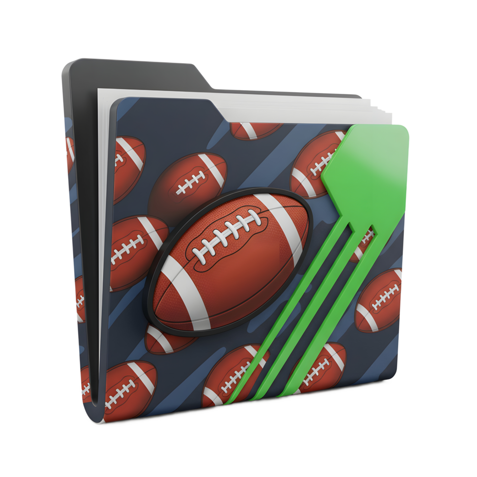 A fun, digital folder design It features a bold, graphic pattern of footballs on a dark background, plus a bright green tab. Perfect for sports fans png