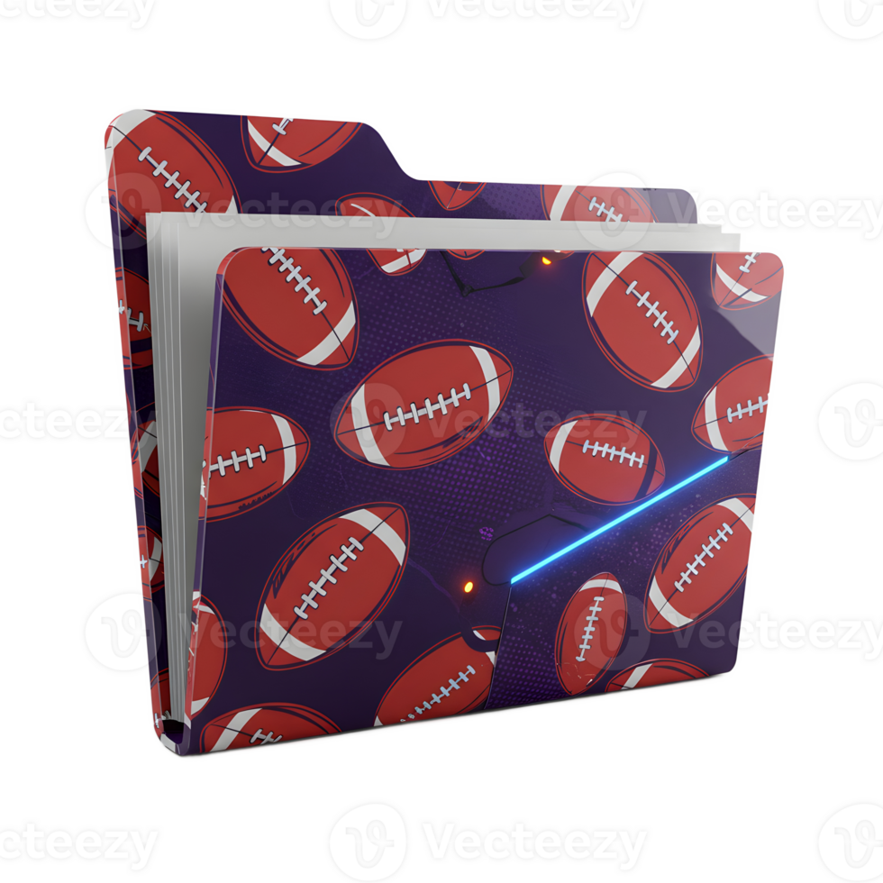 A stylish file folder featuring a repeating pattern of red American footballs on a deep purple background. The design is bold, retro, and perfect for sports fans. png
