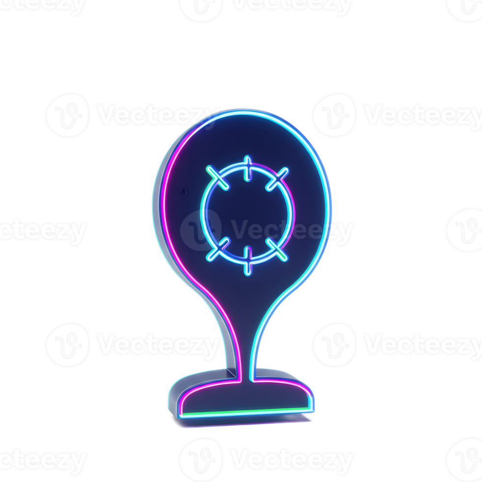 A captivating neon location marker glows with vibrant pink and teal outlines. Its circular target center adds a futuristic touch against a clean white background. png