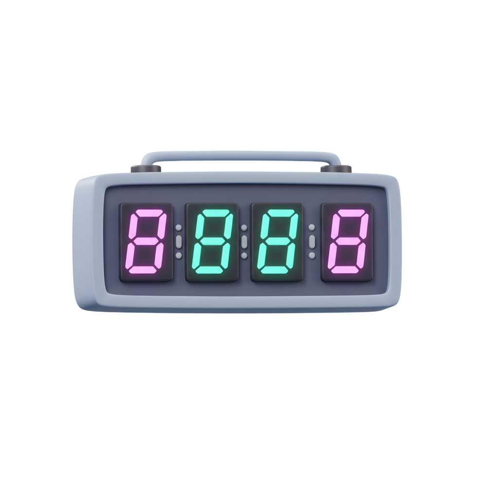 A charming retro digital clock displays 8888 in glowing neon pink and teal. Its soft grey casing adds a vintage vibe. Timeless design. png