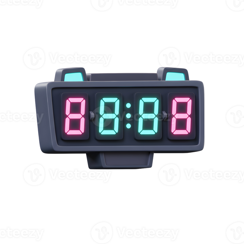 A sleek, dark gray digital clock in vibrant pink and teal neon digits, creating a retro futuristic vibe. png