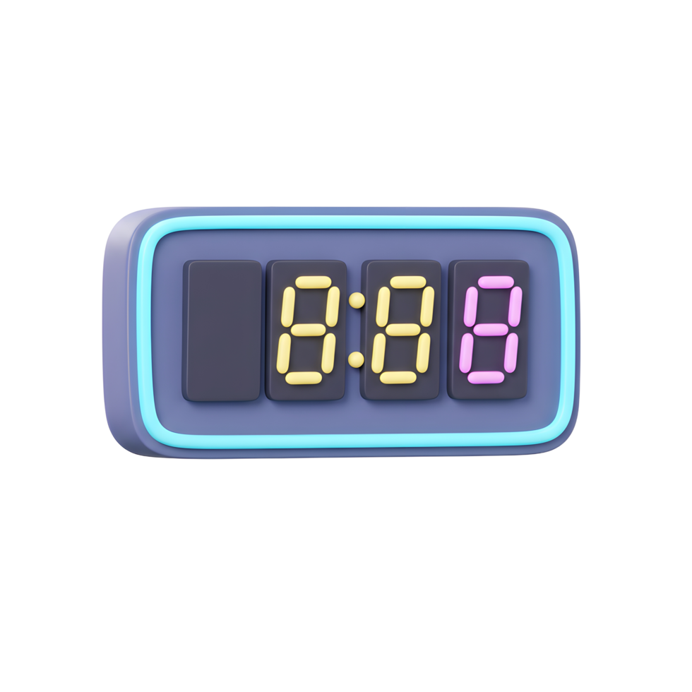 A fun, retro-style digital clock showcases bright, pastel numbers within a neon-blue frame. The 3D design adds a playful touch. png