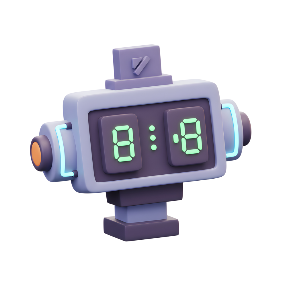 A charming, retro style digital clock in a playful 3D design. Its vibrant colors and futuristic elements create a whimsical, nostalgic mood. png