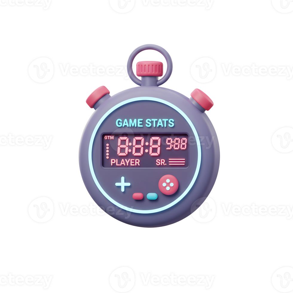 A playful retro-styled stopwatch displays game stats, glowing neon accents adding a vibrant touch. The digital display shows scores and player info. Fun and engaging png