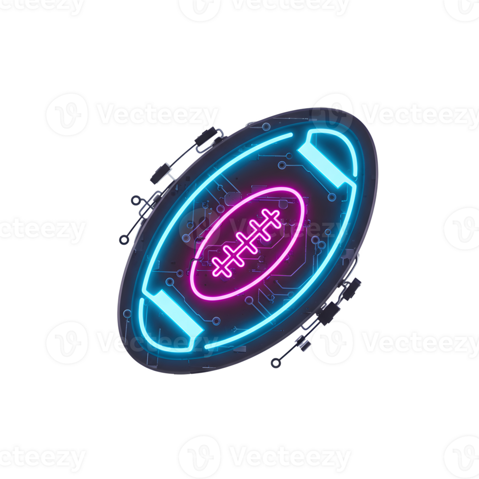 A futuristic neon football design, glowing brightly against a neutral backdrop. The circuit board details add a technological edge, creating a striking visual. png