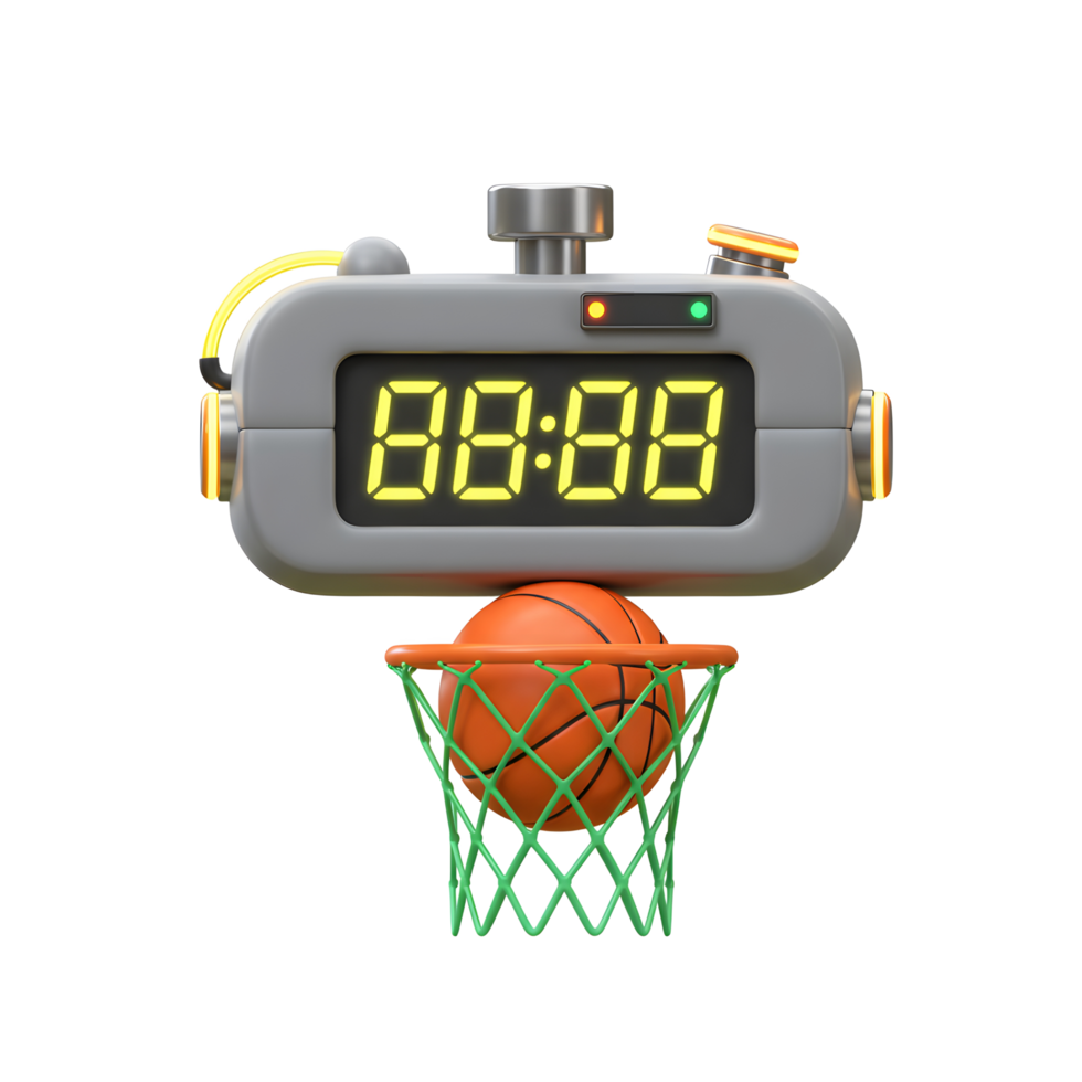 A playful 3D render shows a retro digital clock above a basketball in a hoop. The vibrant colors and design create a fun, energetic mood. png
