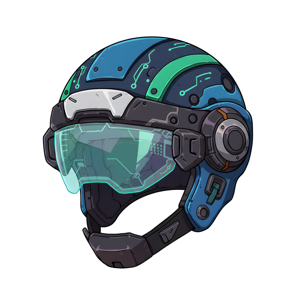 A sleek, futuristic helmet in vibrant blue and green boasts a transparent visor and intricate circuit designs, creating a cool, cyberpunk aesthetic. png