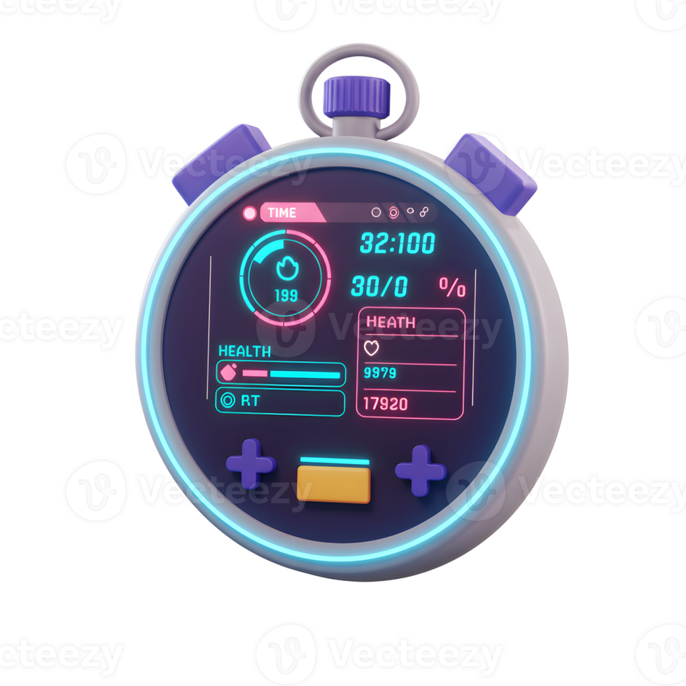 A sleek, futuristic stopwatch displays vibrant neon health and game metrics. Its cool design features a glowing display and simple controls, creating a captivating visual. png