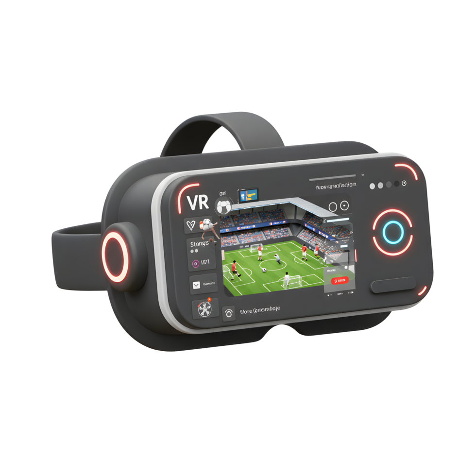 Experience the thrill A sleek, black VR headset showcases a vibrant soccer match within a packed stadium, creating an immersive and engaging virtual reality experience. png