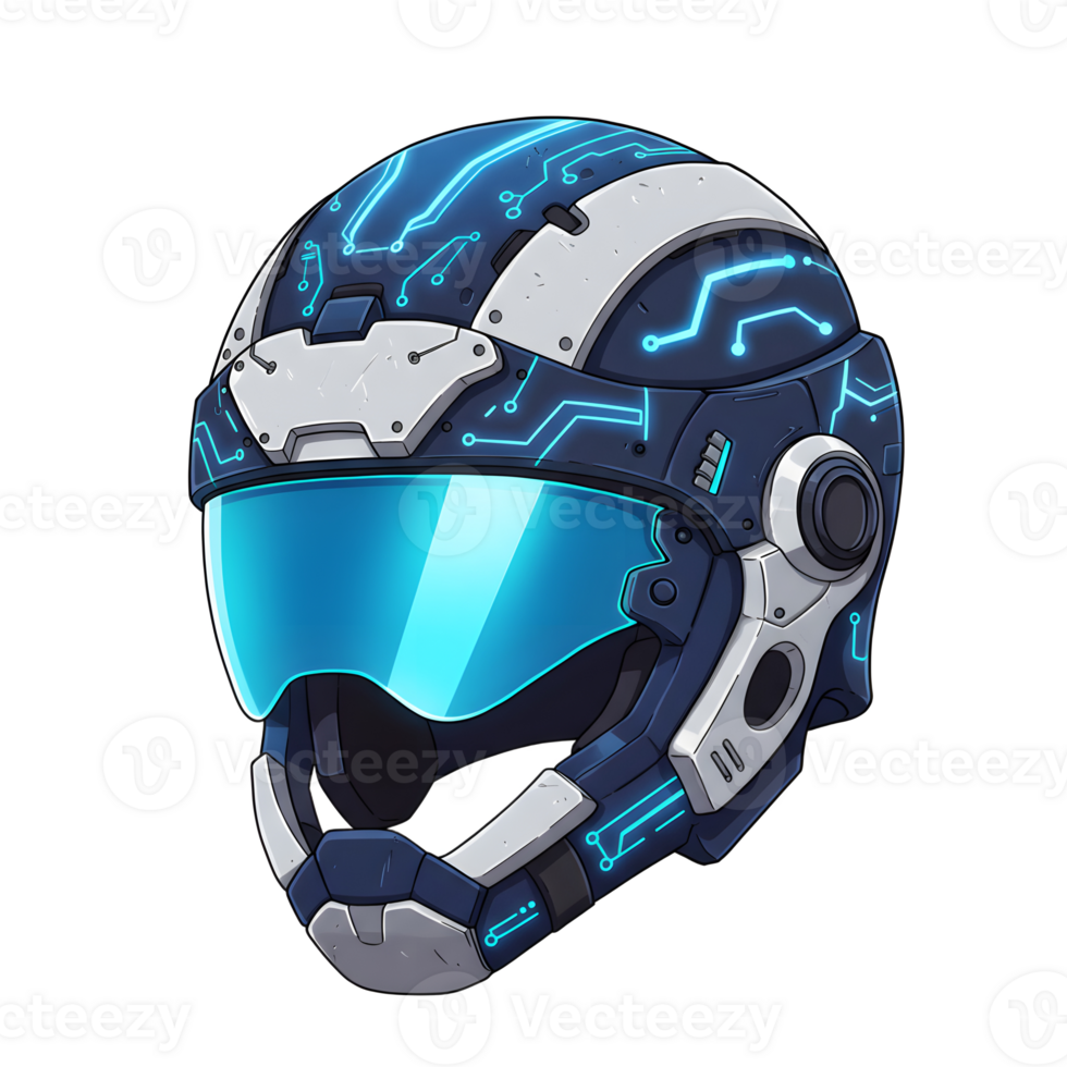 A sleek, dark blue helmet with glowing cyan circuits. The visor shines, creating a cool, futuristic atmosphere. Perfect for sci-fi fans png