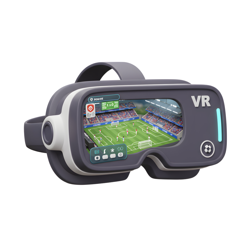 Experience the thrill A sleek VR headset showcases a live soccer match, complete with stadium ambiance and real-time stats. Get ready for immersive action png