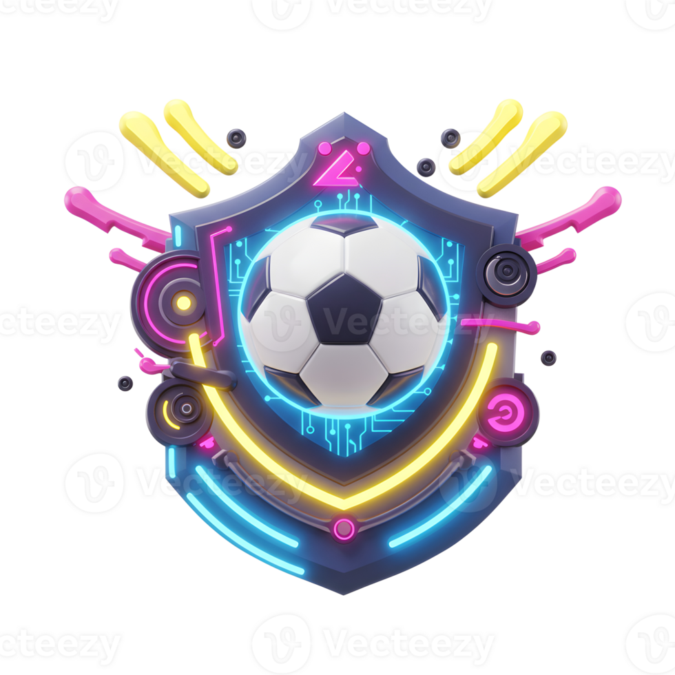A gleaming soccer ball takes center stage, encased within a futuristic shield adorned with bright neon lights and dynamic splashes of color. The overall mood is energetic and modern. png