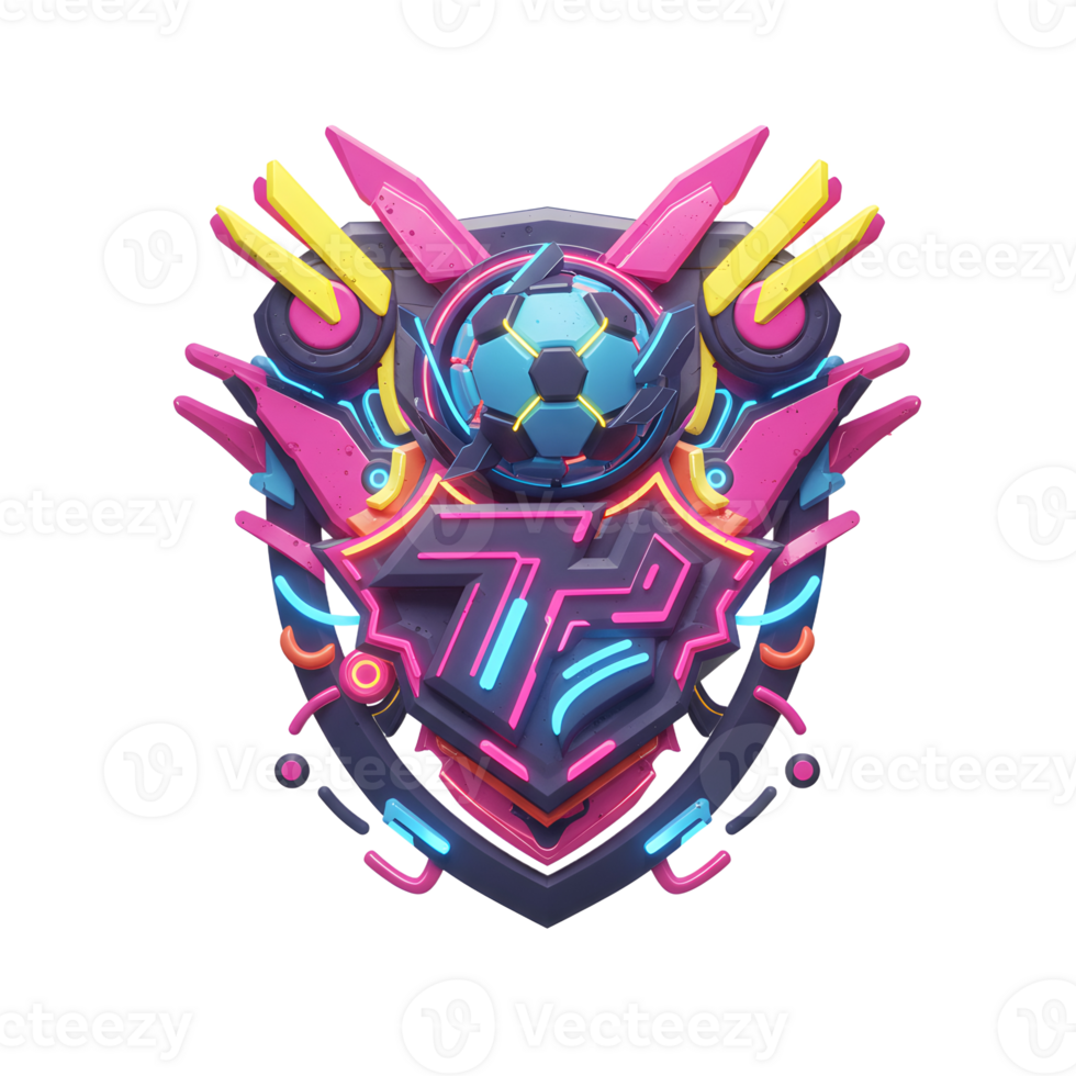 A vibrant, futuristic soccer emblem explodes with neon energy A glowing soccer ball dominates a shield-shaped design, surrounded by dynamic, colorful shapes. Electric and exciting png