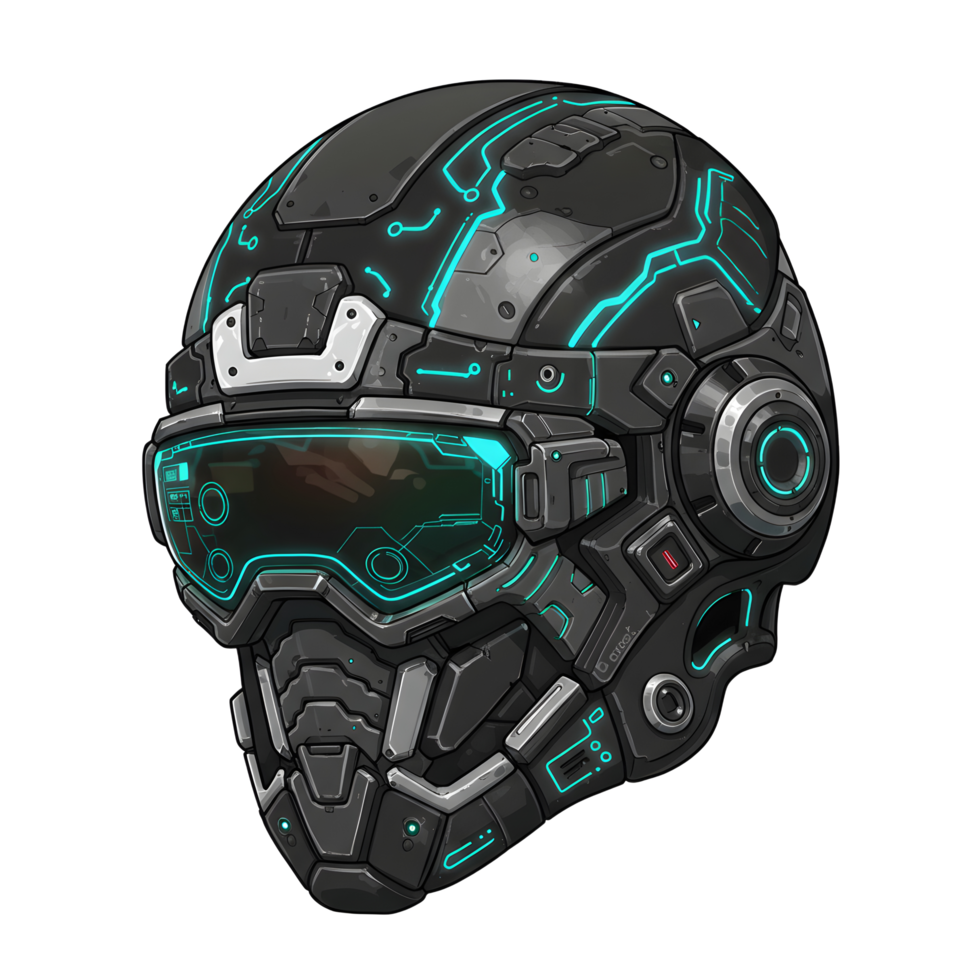 A captivating illustration of a futuristic combat helmet. Dark, metallic surfaces contrast with vibrant teal lights, creating a cool, tech-forward aesthetic. png