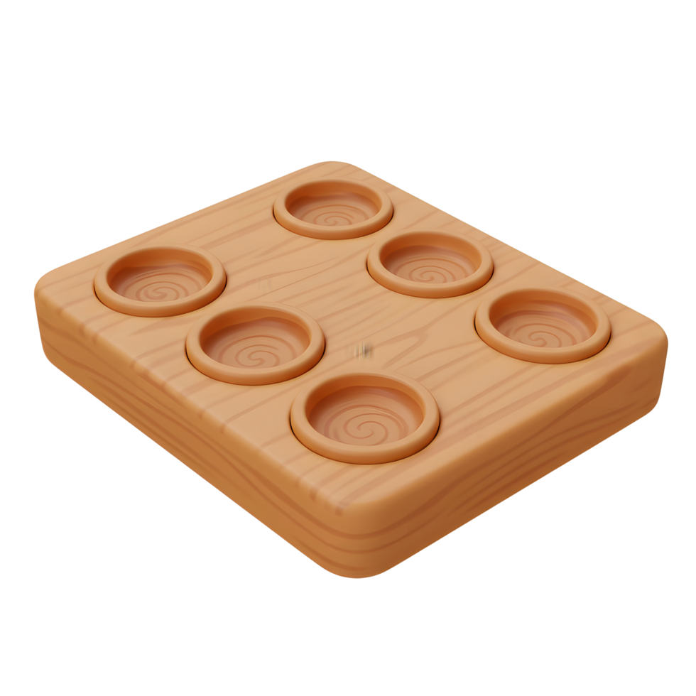 A charming wooden tray holds six small, subtly swirling cups. Warm, inviting, and perfect for organizing small items. Rustic charm png