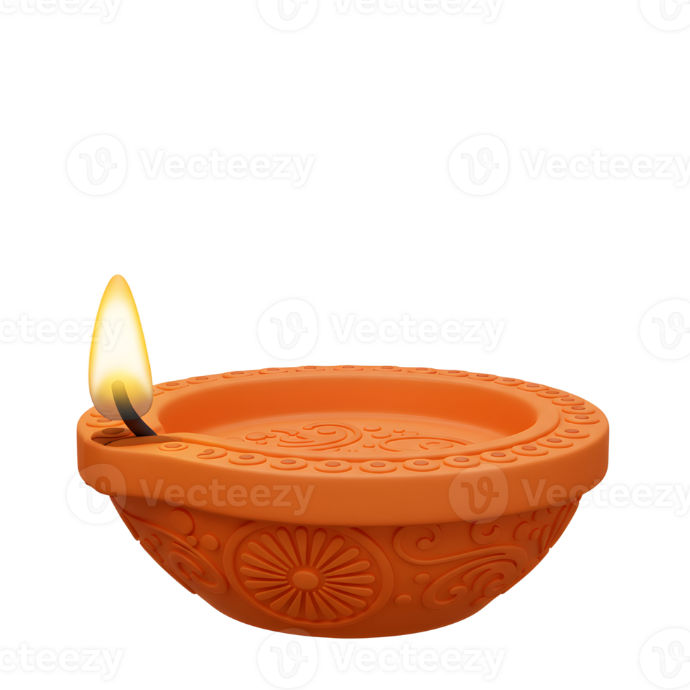 A beautifully detailed orange clay diya glows warmly, its intricate carvings highlighted by the soft light of the flame. Peaceful and celebratory. png