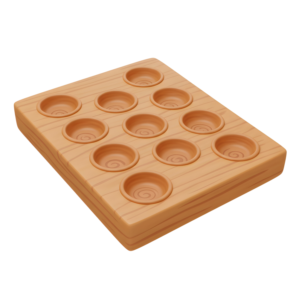 A charming wooden tray, cartoonishly rendered, features twelve small, evenly spaced cups. Its rustic warmth evokes a sense of simple craftsmanship. png