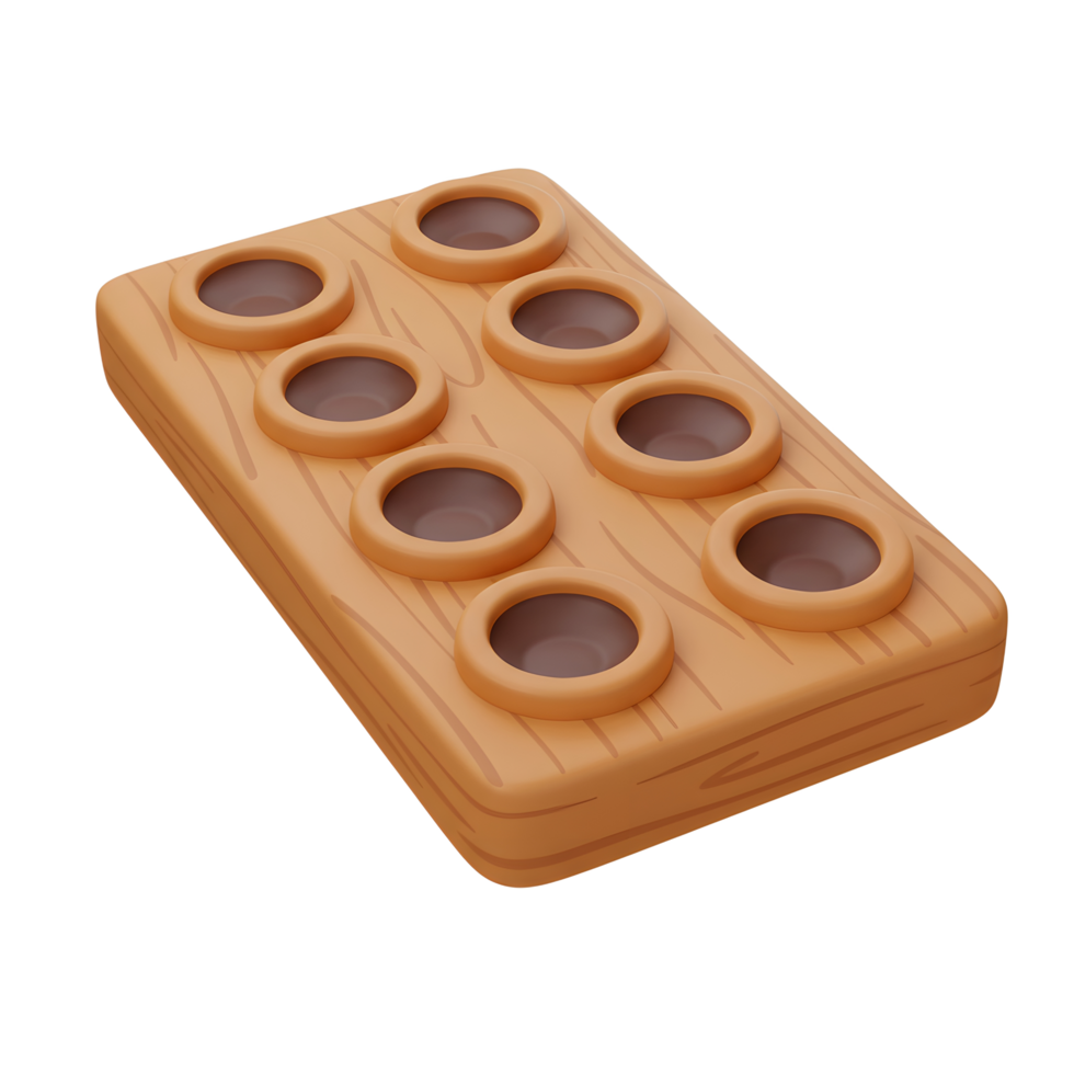 A charming wooden game board, featuring eight small brown cups, sits invitingly. Its playful 3D style evokes a sense of fun and simple enjoyment. png