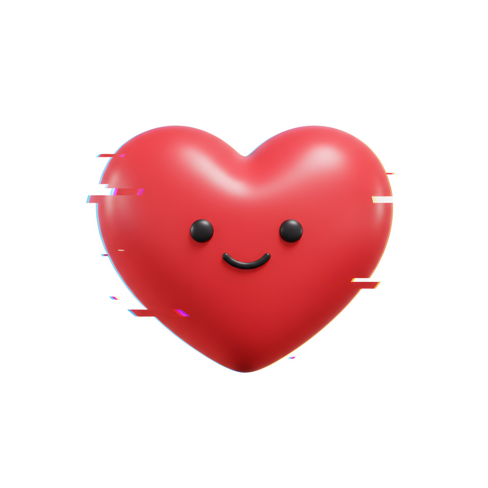 A cheerful, red 3D heart smiles against a white background. A subtle glitch effect adds a touch of playful digital art. Pure joy png