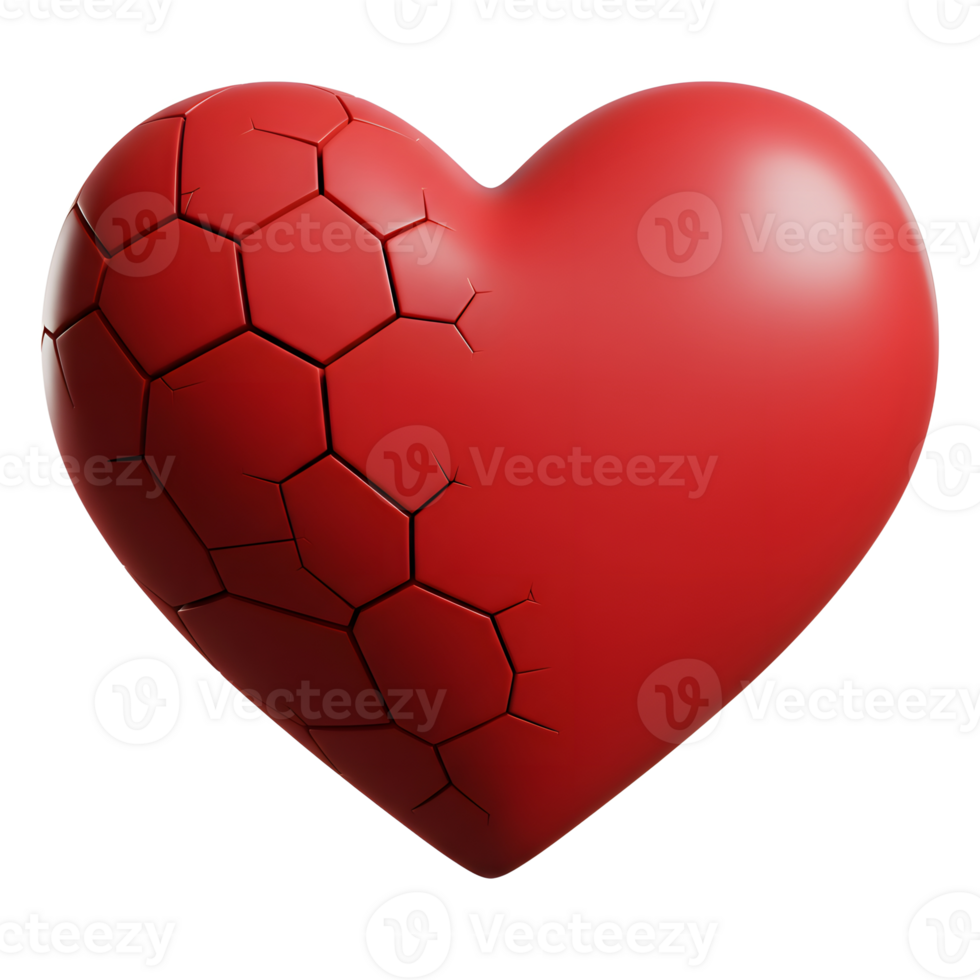 A vibrant red heart, fractured into hexagonal segments, evokes a poignant sense of heartbreak. The smooth, unbroken half contrasts sharply with the cracked side, creating a striking visual. png