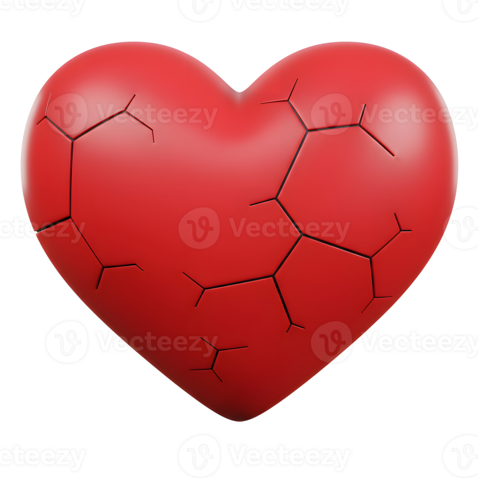 A vibrant red heart, fractured into geometric shapes, evokes a poignant sense of heartbreak and vulnerability. The bold red contrasts with the sharp lines of the cracks, creating a dramatic visual. png