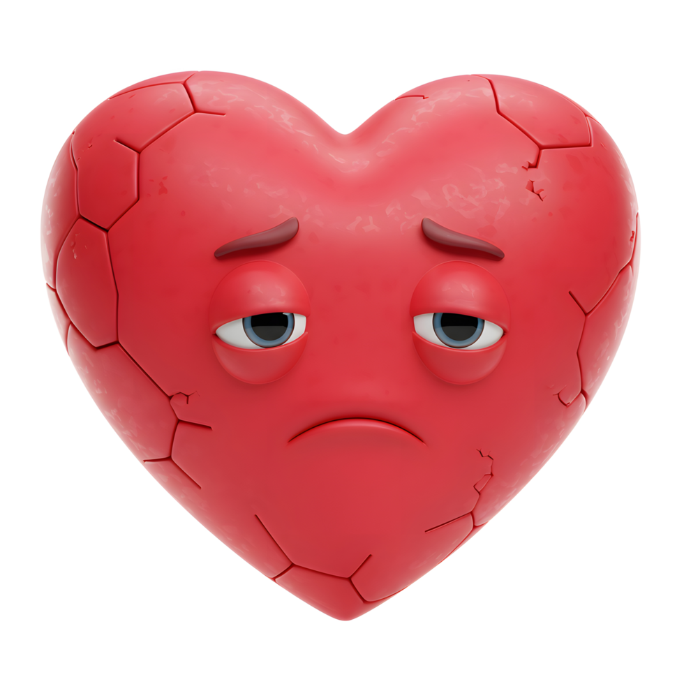 A 3D-rendered cartoon heart, cracked and showing sadness. Its red surface is textured, and its melancholic expression evokes empathy. png