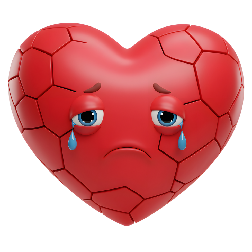 A shattered red heart weeps blue tears, conveying sadness and heartbreak in a cute, cartoonish style. Its polygonal texture adds a unique visual element. png